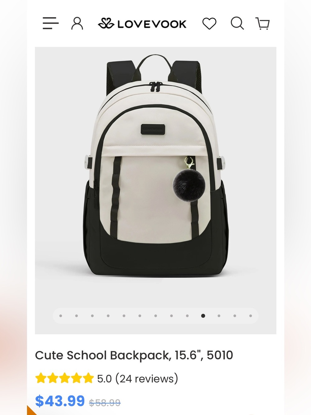 Two-Tone Black and Cream Backpack with Pom Pom Charm